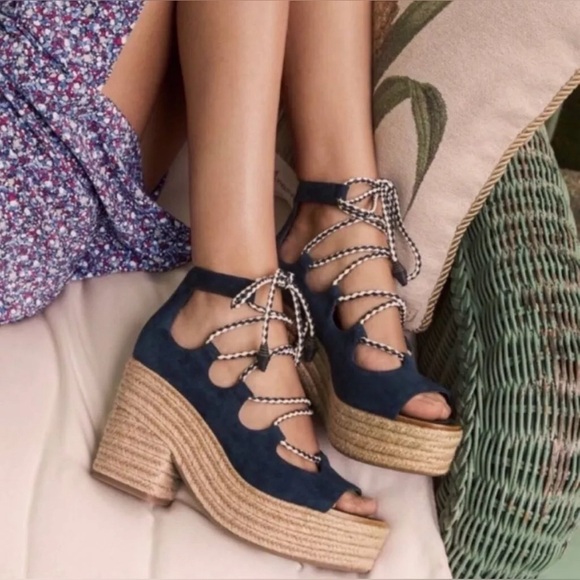 Tory Burch Shoes - Tory Burch Positano Denim Lace Up Espadrille Wedge Size 9.5
